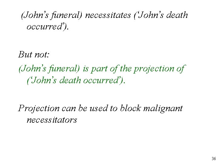 (John’s funeral) necessitates (‘John’s death occurred’). But not: (John’s funeral) is part of the