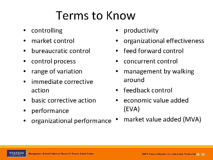 Terms to Know controlling market control bureaucratic control process range of variation immediate corrective