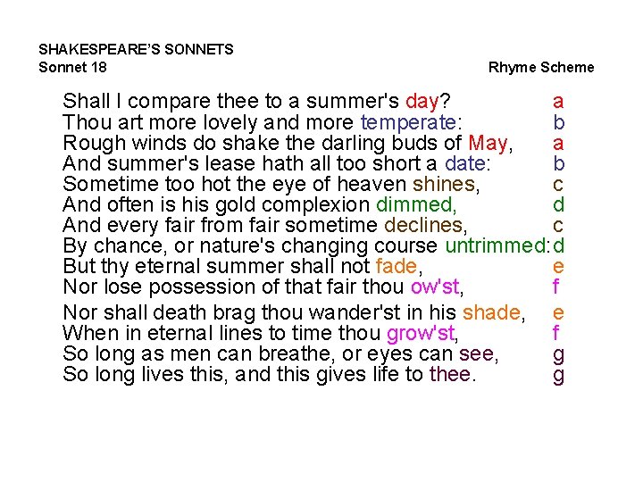 SHAKESPEARE’S SONNETS Sonnet 18 Rhyme Scheme Shall I compare thee to a summer's day?