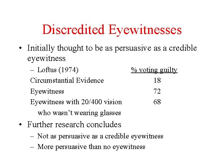 Discredited Eyewitnesses • Initially thought to be as persuasive as a credible eyewitness –