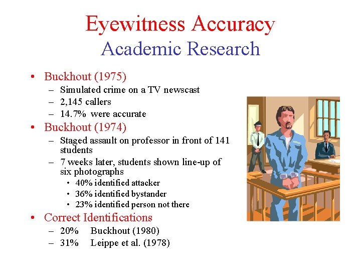 Eyewitness Accuracy Academic Research • Buckhout (1975) – Simulated crime on a TV newscast