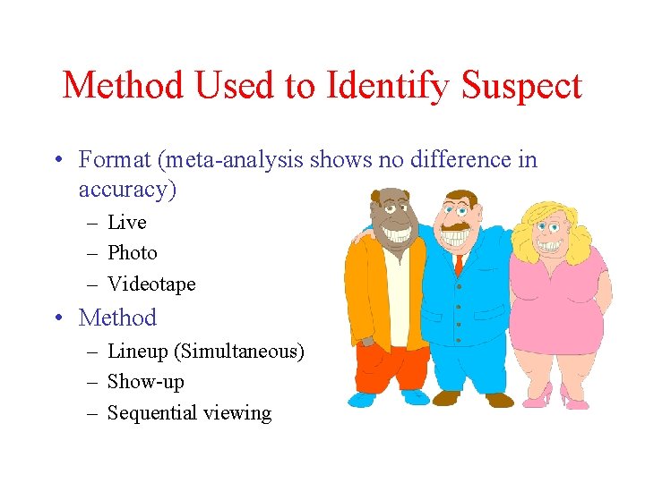 Method Used to Identify Suspect • Format (meta-analysis shows no difference in accuracy) –