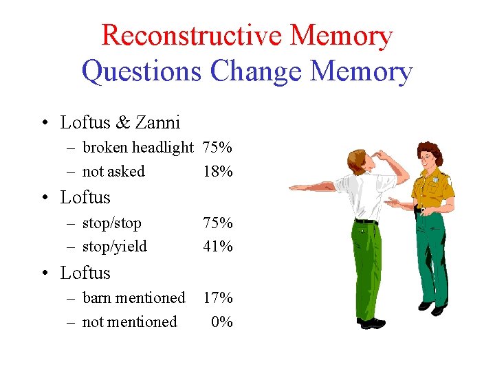 Reconstructive Memory Questions Change Memory • Loftus & Zanni – broken headlight 75% –