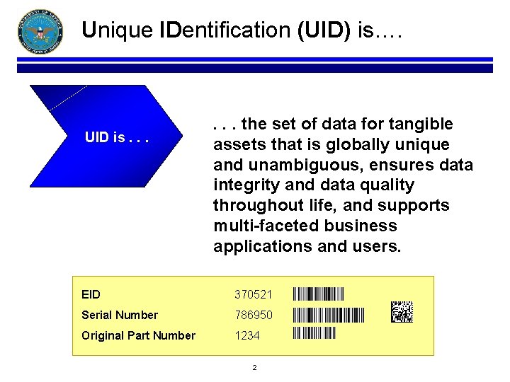 Unique IDentification (UID) is…. UID is. . . the set of data for tangible