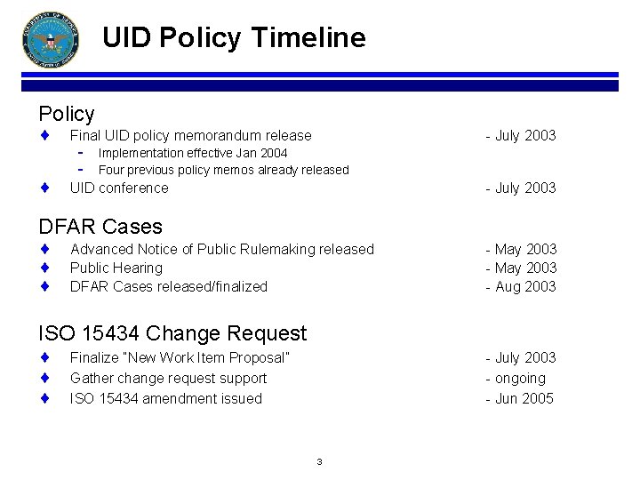 UID Policy Timeline Policy ¨ ¨ Final UID policy memorandum release - - July