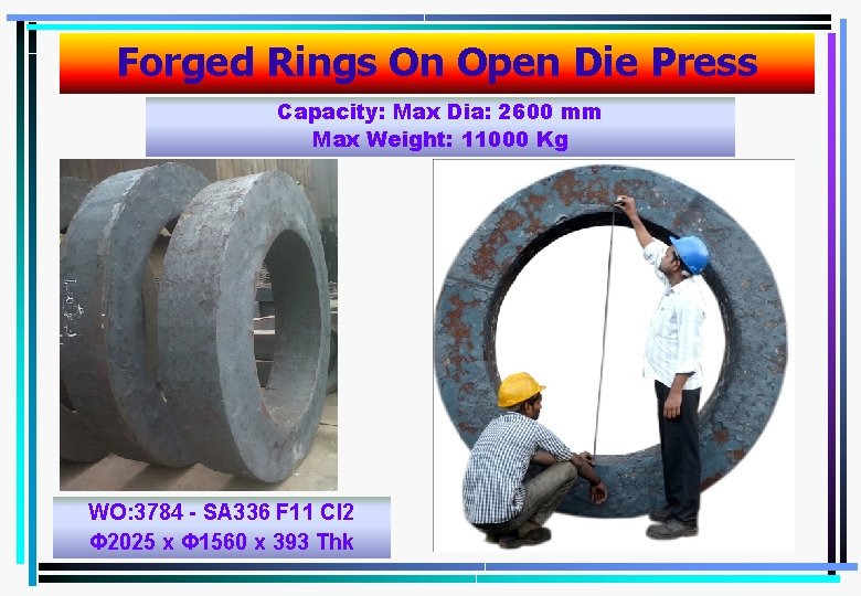 Forged Rings On Open Die Press Capacity: Max Dia: 2600 mm Max Weight: 11000