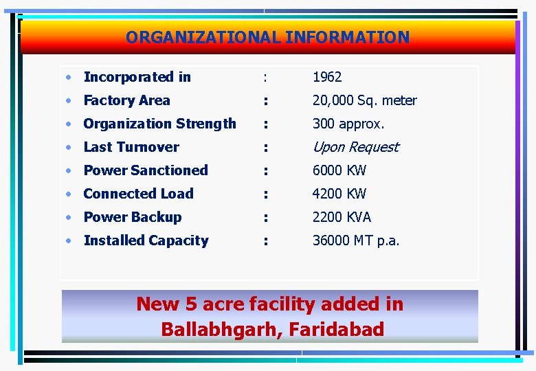 ORGANIZATIONAL INFORMATION • Incorporated in : 1962 • Factory Area : 20, 000 Sq.