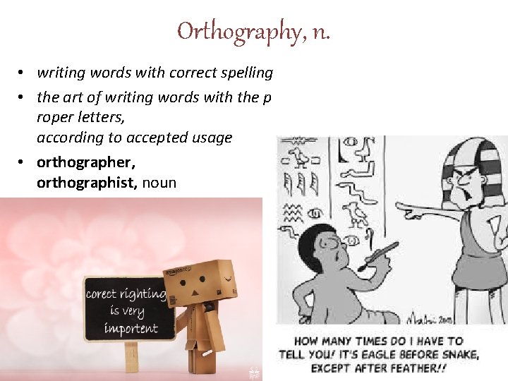 Orthography, n. • writing words with correct spelling • the art of writing words