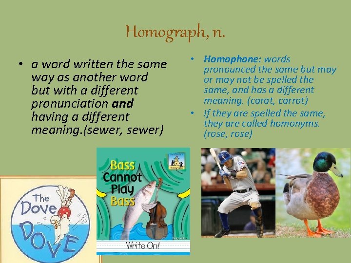 Homograph, n. • a word written the same way as another word but with