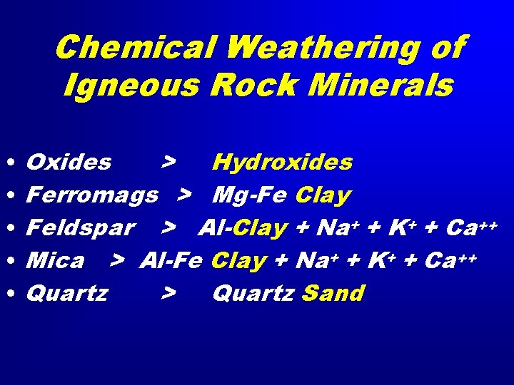 Chemical Weathering of Igneous Rock Minerals • • • Oxides > Hydroxides Ferromags >