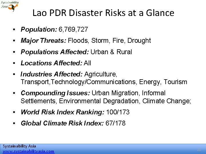 Lao PDR Disaster Risks at a Glance • Population: 6, 769, 727 • Major