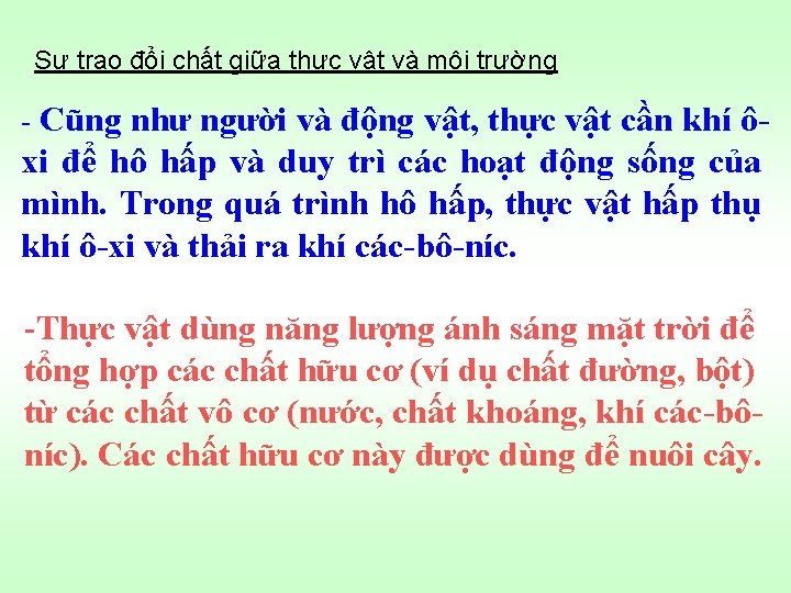 Sự trao đổi chất giữa thực vật và môi trường - Cũng như người