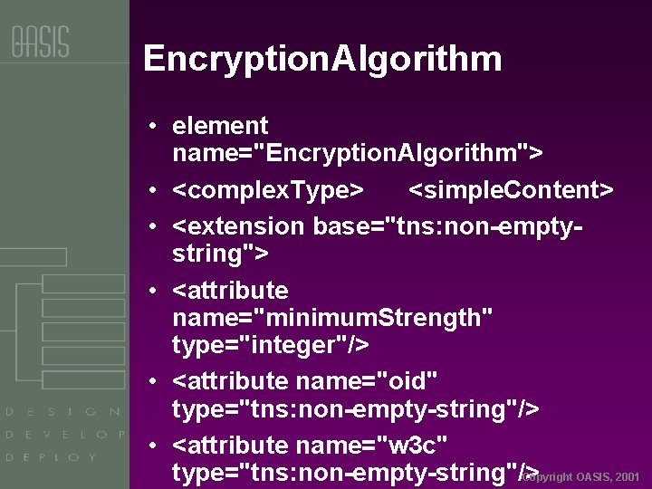 Encryption. Algorithm • element name="Encryption. Algorithm"> • <complex. Type> <simple. Content> • <extension base="tns: