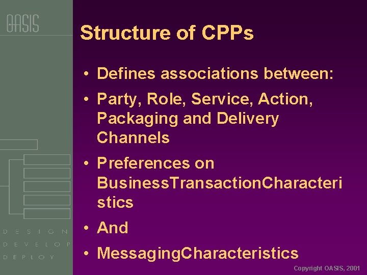 Structure of CPPs • Defines associations between: • Party, Role, Service, Action, Packaging and