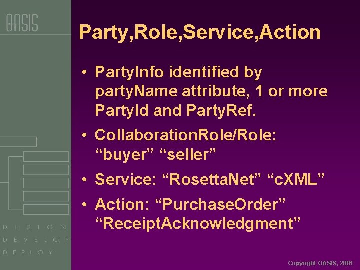 Party, Role, Service, Action • Party. Info identified by party. Name attribute, 1 or