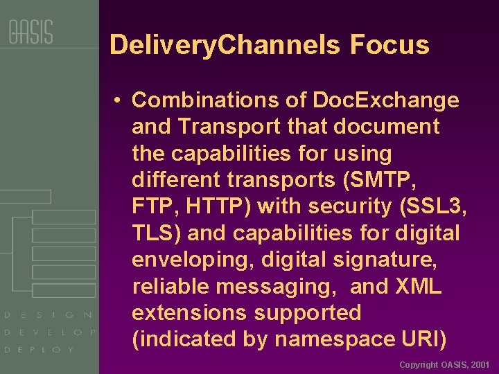 Delivery. Channels Focus • Combinations of Doc. Exchange and Transport that document the capabilities
