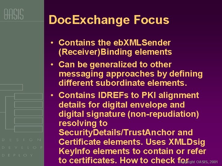 Doc. Exchange Focus • Contains the eb. XMLSender (Receiver)Binding elements • Can be generalized