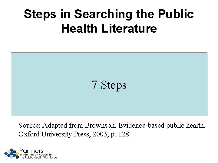 Steps in Searching the Public Health Literature 7 Steps Source: Adapted from Brownson. Evidence-based
