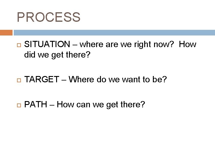 PROCESS SITUATION – where are we right now? How did we get there? TARGET