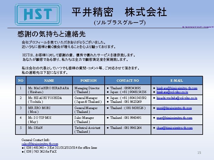 平井精密　株式会社 (ソルプラスグループ) By SHAN for HST SALES - November 201 感謝の気持ちと連絡先 会社プロフィールを見ていただきありがとうございました。 近いうちに皆様と働く機会が増えることを心より願っております。 HSTは、お客様に対して感謝の意、