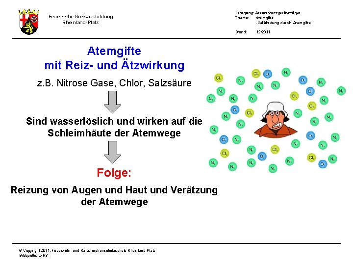 Feuerwehr-Kreisausbildung Rheinland-Pfalz Lehrgang: Atemschutzgeräteträger Thema: Atemgifte -Gefährdung durch Atemgifte Stand: Atemgifte mit Reiz- und