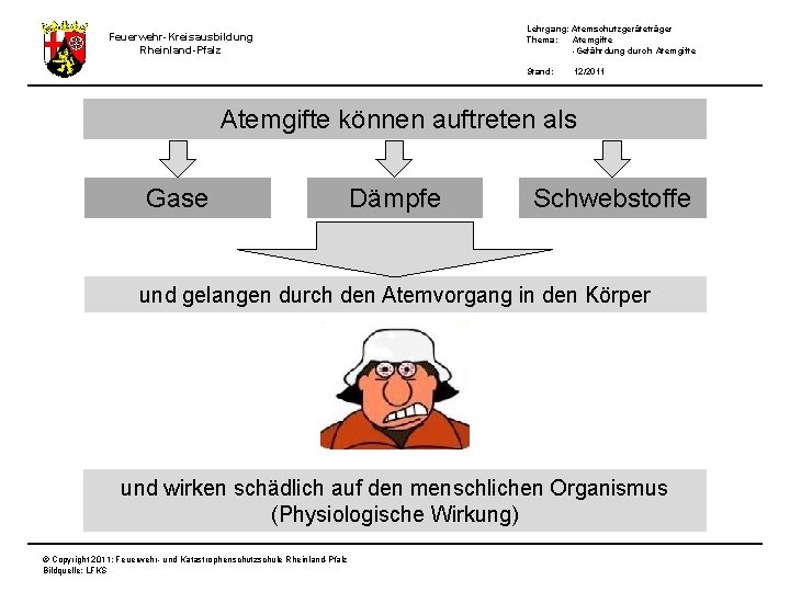 Lehrgang: Atemschutzgeräteträger Thema: Atemgifte -Gefährdung durch Atemgifte Feuerwehr-Kreisausbildung Rheinland-Pfalz Stand: 12/2011 Atemgifte können auftreten