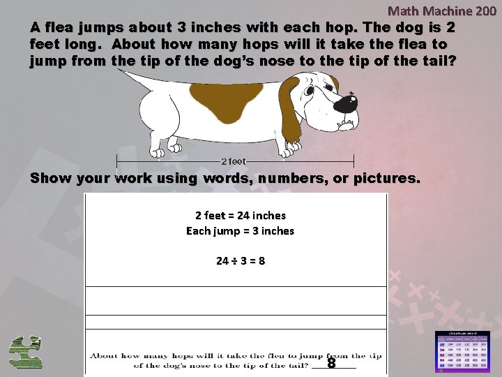 Math Machine 200 A flea jumps about 3 inches with each hop. The dog