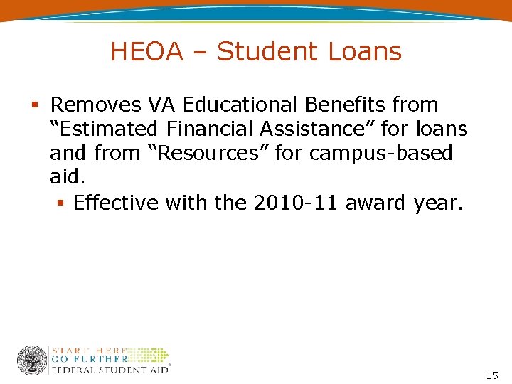 HEOA – Student Loans Removes VA Educational Benefits from “Estimated Financial Assistance” for loans