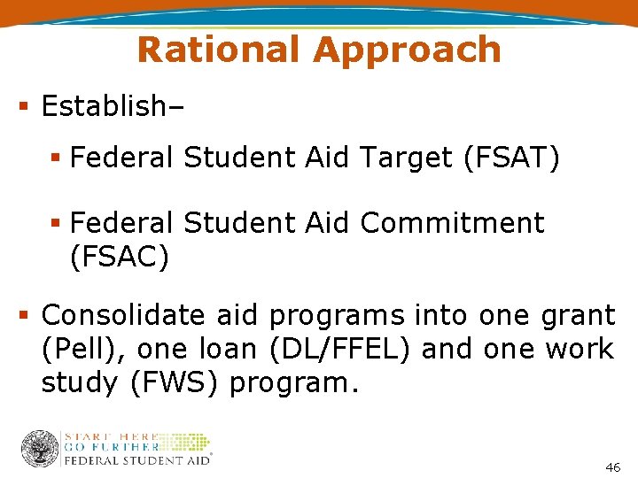 Rational Approach Establish– Federal Student Aid Target (FSAT) Federal Student Aid Commitment (FSAC) Consolidate