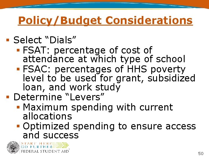 Policy/Budget Considerations Select “Dials” FSAT: percentage of cost of attendance at which type of