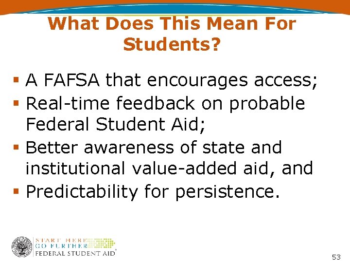 What Does This Mean For Students? A FAFSA that encourages access; Real-time feedback on