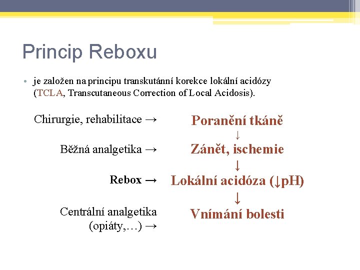 Princip Reboxu • je založen na principu transkutánní korekce lokální acidózy (TCLA, Transcutaneous Correction