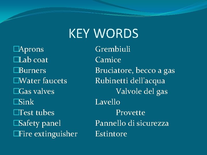 KEY WORDS �Aprons �Lab coat �Burners �Water faucets �Gas valves �Sink �Test tubes �Safety