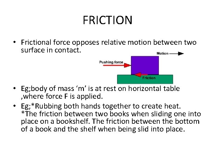 FRICTION • Frictional force opposes relative motion between two surface in contact. • Eg; FRICTION • Frictional force opposes relative motion between two surface in contact. • Eg;