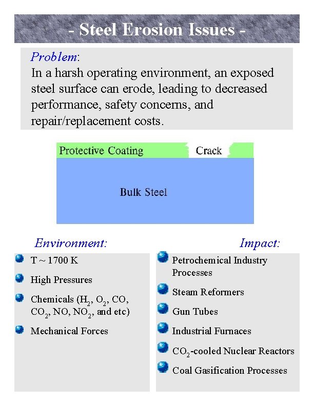 - Steel Erosion Issues Problem: In a harsh operating environment, an exposed steel surface