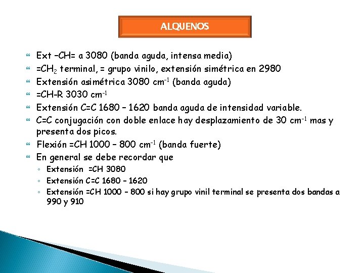 ALQUENOS Ext –CH= a 3080 (banda aguda, intensa media) =CH 2 terminal, = grupo