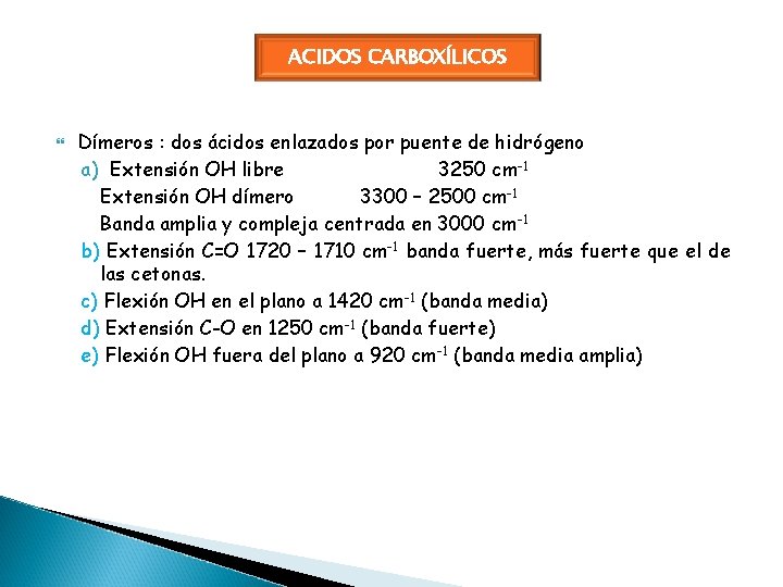 ACIDOS CARBOXÍLICOS Dímeros : dos ácidos enlazados por puente de hidrógeno a) Extensión OH