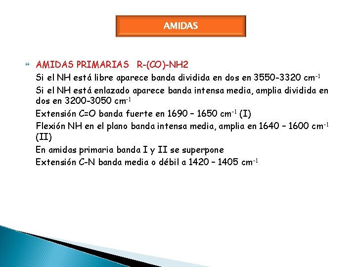 AMIDAS PRIMARIAS R-(CO)-NH 2 Si el NH está libre aparece banda dividida en dos