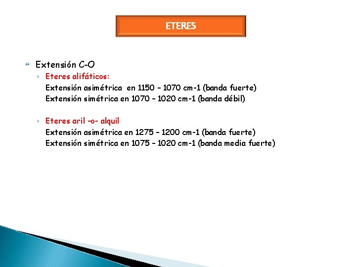 ETERES Extensión C-O ◦ Eteres alifáticos: Extensión asimétrica en 1150 – 1070 cm-1 (banda