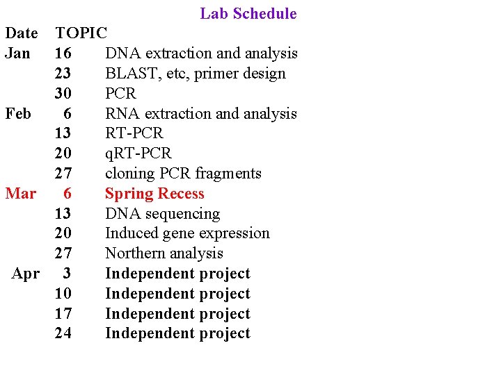 Lab Schedule Date Jan TOPIC 16 DNA extraction and analysis 23 BLAST, etc, primer