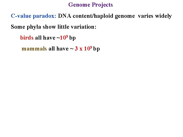 Genome Projects C-value paradox: DNA content/haploid genome varies widely Some phyla show little variation: