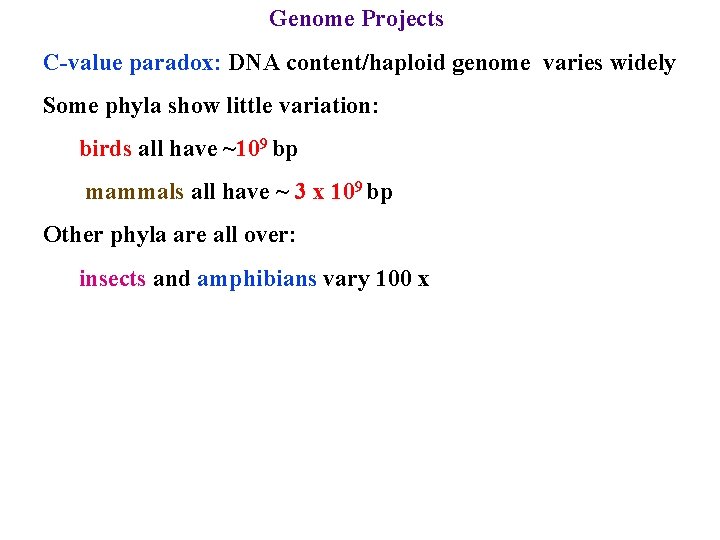 Genome Projects C-value paradox: DNA content/haploid genome varies widely Some phyla show little variation: