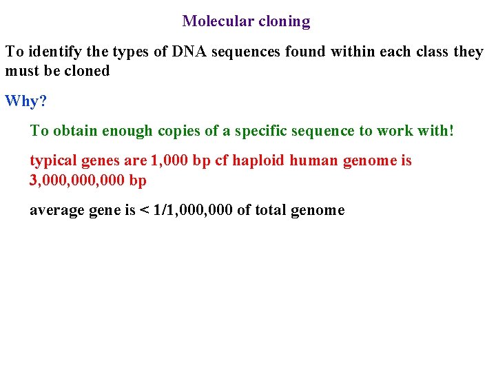 Molecular cloning To identify the types of DNA sequences found within each class they