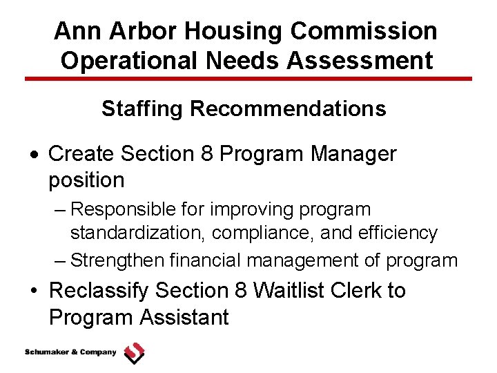 Ann Arbor Housing Commission Operational Needs Assessment Staffing Recommendations Create Section 8 Program Manager