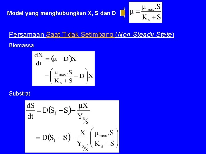 Model yang menghubungkan X, S dan D Persamaan Saat Tidak Setimbang (Non-Steady State) Biomassa