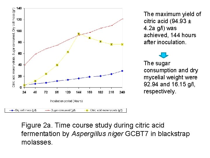 The maximum yield of citric acid (94. 93 ± 4. 2 a g/l) was