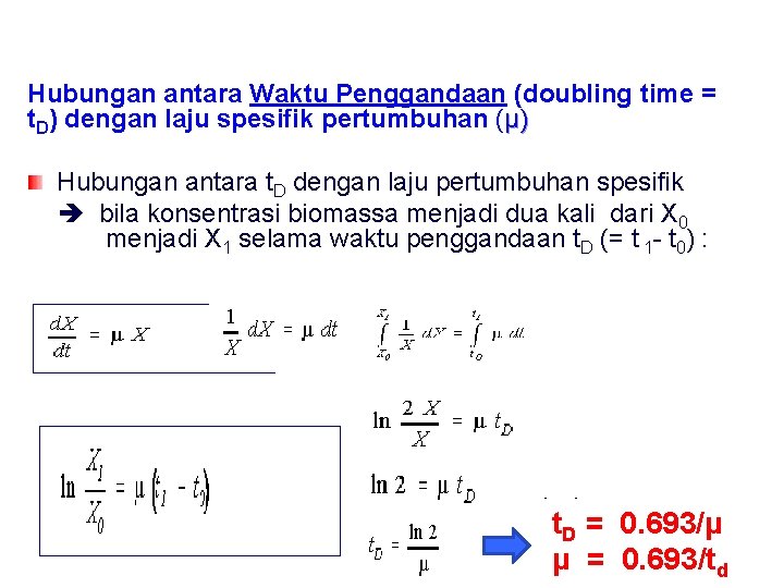 Hubungan antara Waktu Penggandaan (doubling time = t. D) dengan laju spesifik pertumbuhan (µ)