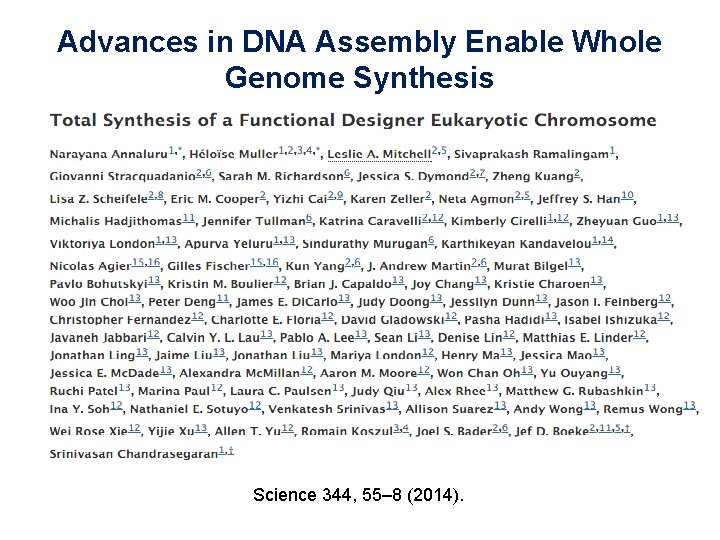 Advances in DNA Assembly Enable Whole Genome Synthesis Synthetic Yeast Project Science 344, 55–