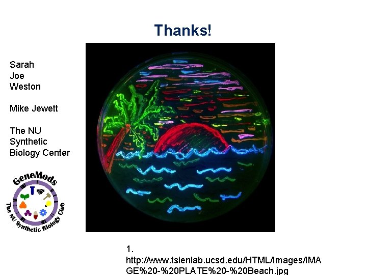 Thanks! Sarah Joe Weston Mike Jewett The NU Synthetic Biology Center 1. http: //www.