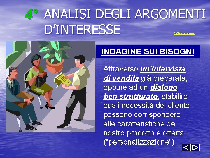 4° ANALISI DEGLI ARGOMENTI D’INTERESSE 2 Click col mouse INDAGINE SUI BISOGNI Attraverso un’intervista